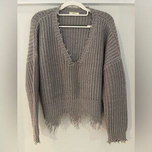 V-Neck Distressed Knit Sweater - Gray